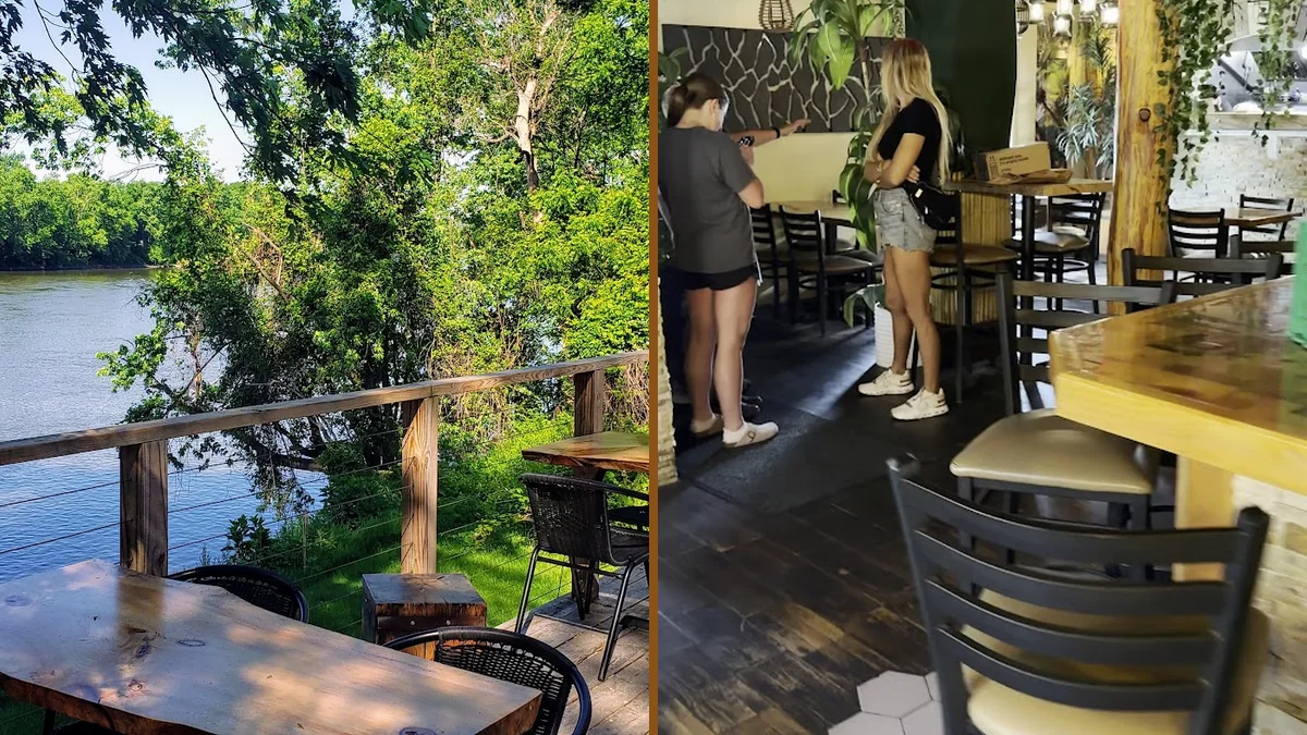 Brunch tables beside large river views.