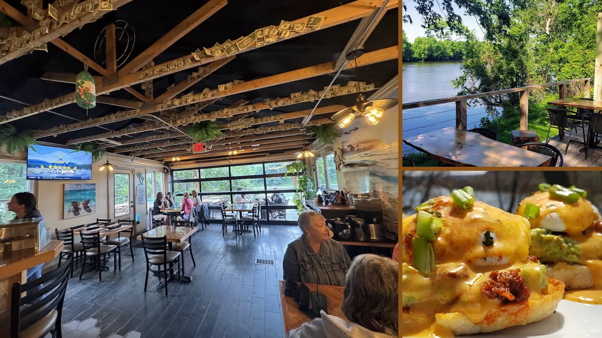 Riverfront dining room with deck seating.