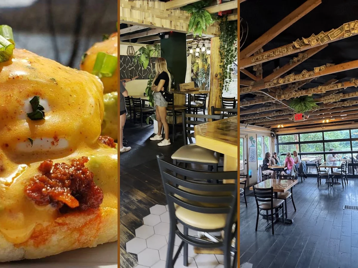 Brunch tables beside large river views.