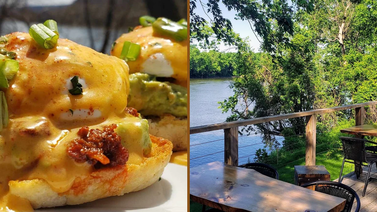 Brunch tables beside large river views.