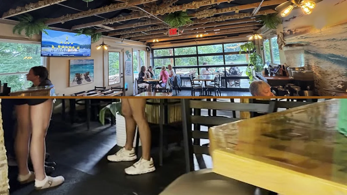Cocktail bar interior with warm lighting.