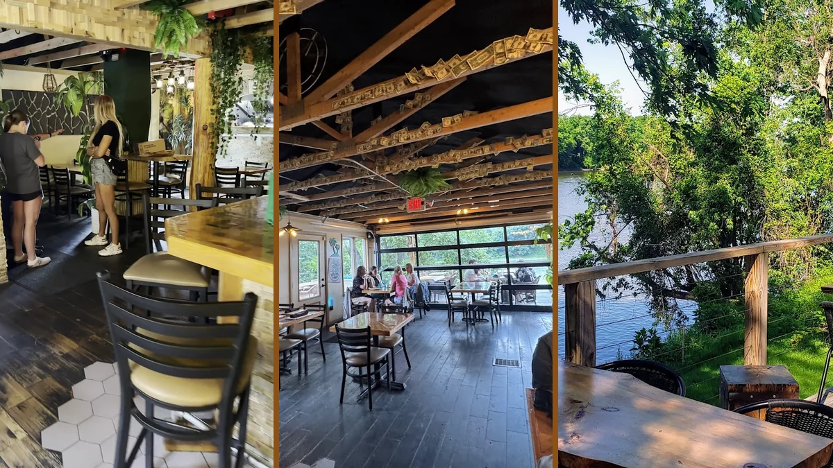 Riverfront dining room with deck seating.