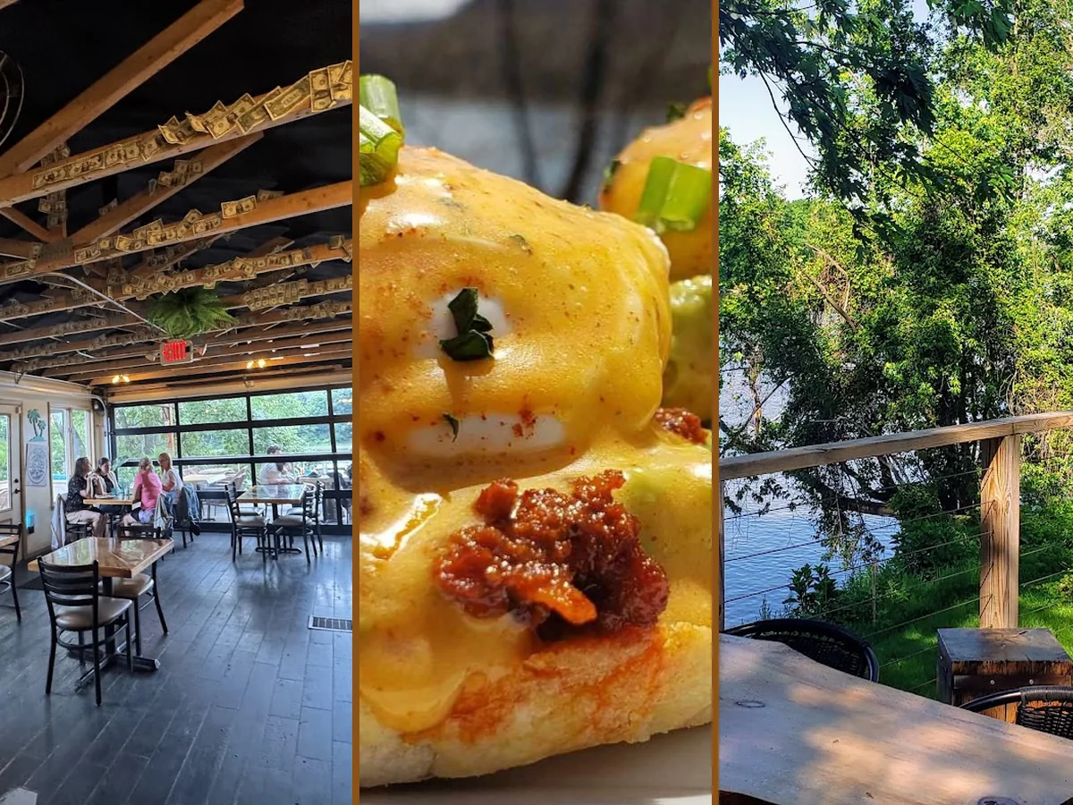 Brunch tables beside large river views.