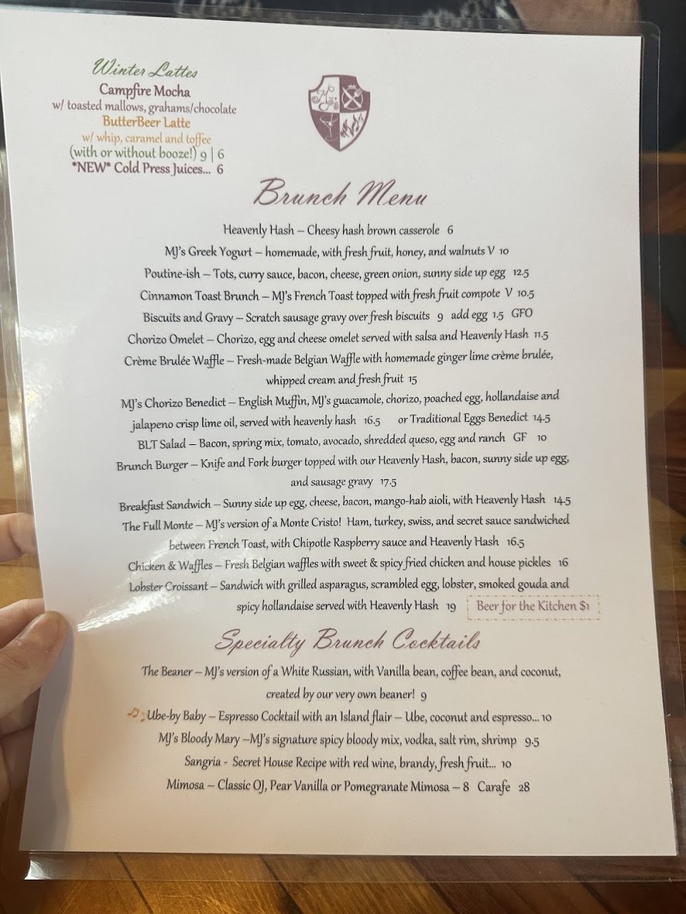 Restaurant menu with winter cocktail section.